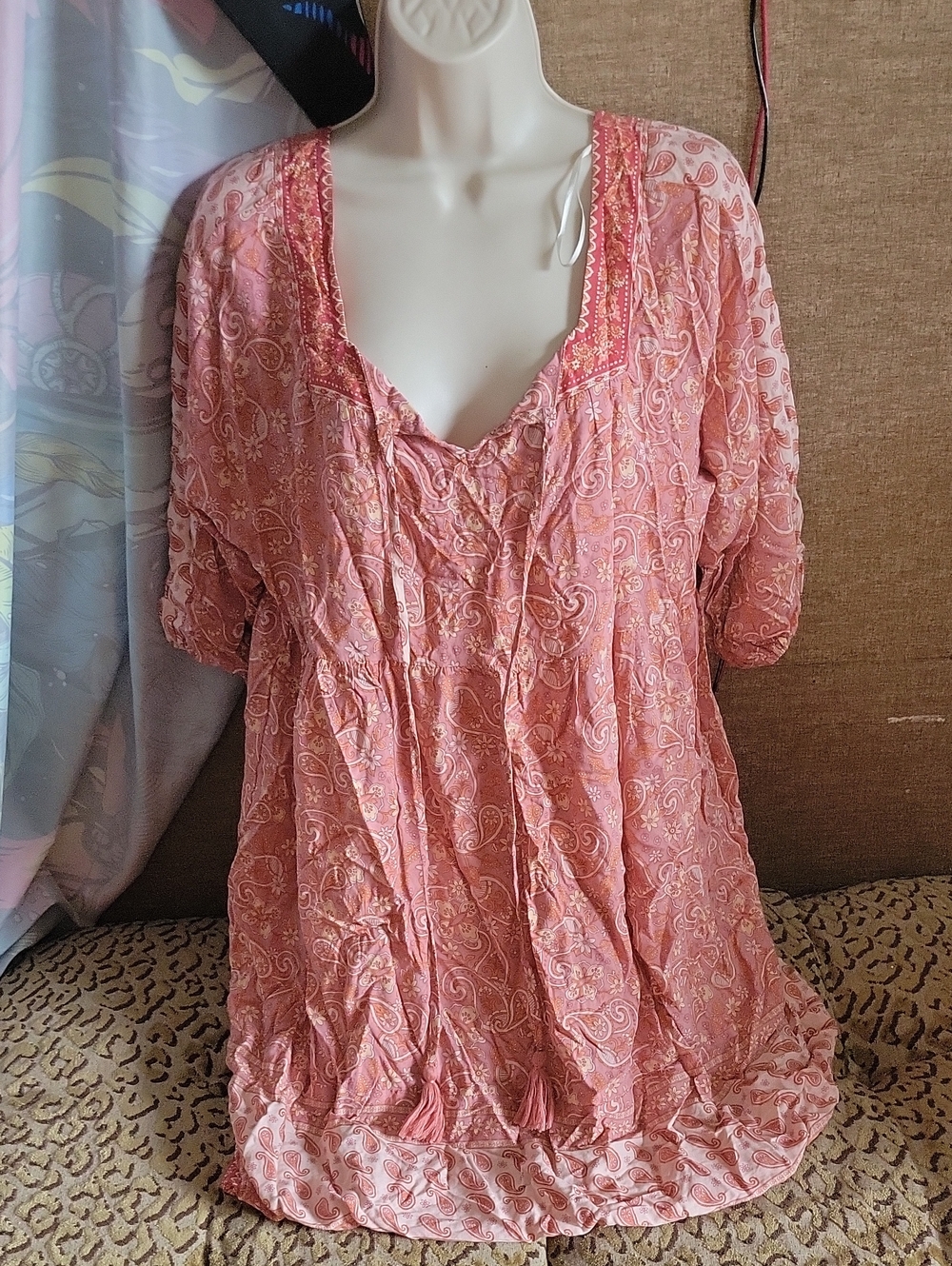 Boho Paisley V-Neck Tunic Dress — Dusty Pink